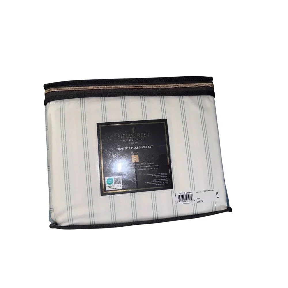 Fieldcrest Heritage 4-Piece Printed Queen Sheet Set 400TC 100% Cotton Chain Stri